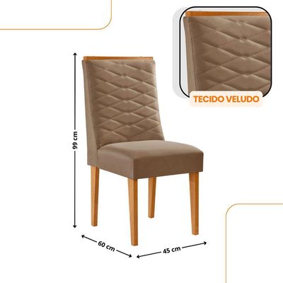 Mesa De Jantar Eloise 180cm Tampo MDF Com 6 Cadeira Moderna Veludo Capuccino Naturalle