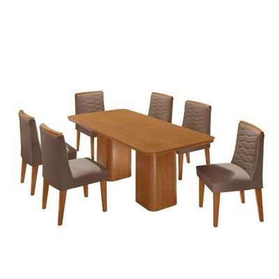 Mesa De Jantar Eloise 180cm Tampo MDF Com 6 Cadeira Moderna Veludo Capuccino Naturalle
