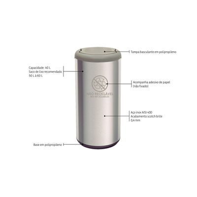 Lixeira Inox Tramontina Piemonte 40 Litros Scotch Brite e Tampa Basculante Cinza
