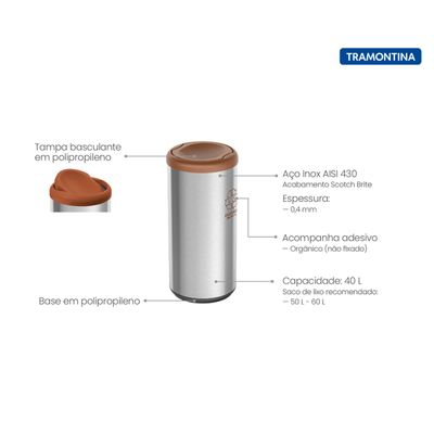 Lixeira Inox Tramontina Piemonte 40 Litros Scotch Brite e Tampa Basculante Marrom