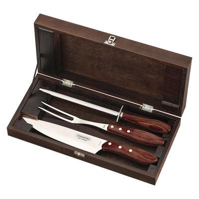 Kit para Churrasco Tramontina em Aço Inox Cabo Vermelho Polywood com Estojo de Madeira 4 Peças