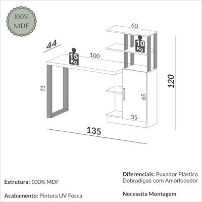 Escrivaninha em MDF 5 Prateleiras 1 Porta 135 cm Freijó/Preto Fosco Pradel Dalla Costa F17