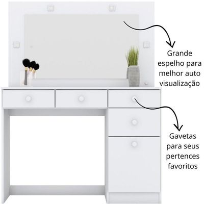 Penteadeira Com Led Com Espelho 4 Gavetas E Porta Chanel Branco Hp