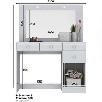 Penteadeira Com Led Com Espelho 4 Gavetas E Porta Chanel Branco Hp