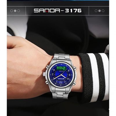 Relógio Masculino Fashion Pulseira De Aço Inoxidável Resistente À Água 50m Prata Azul