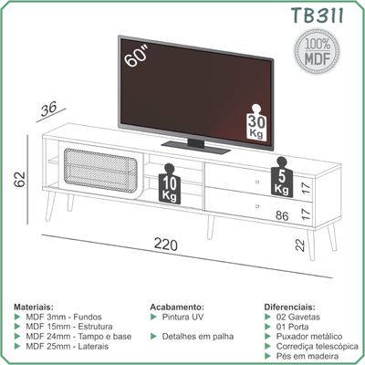 Rack Tela para TV em MDF 220 cm com 2 Gavetas e Porta de Correr Freijó Dalla Costa TB311JJ