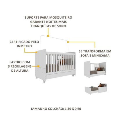 Berço 3 Em 1 Com Rodízios Para Colchão Multimóveis Branco