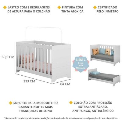 Berço 3 Em 1 Vira Cama Com Colchão Elza Multimóveis Branco