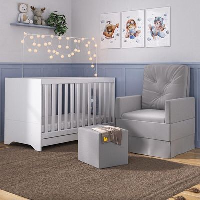 Berço 3x1 Com Poltrona De Amamentação E Puff Multimóveis Mp4076 Branco/cinza Branco/cinza