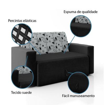Sofá-cama 2 Lugares Pratik 5000 Suede Preto/Cinza