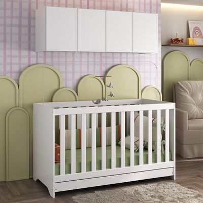 Berço 3 Em 1 Com Colchão E Armário Aéreo 4 Portas Multimóveis Mp4158 Branco Branco
