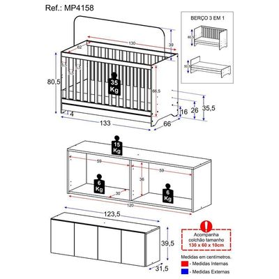 Berço 3 Em 1 Com Colchão E Armário Aéreo 4 Portas Multimóveis Mp4158 Branco Branco