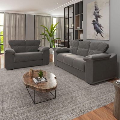 Conjunto de Sofá 2 e 3 Lugares Suede Cinza Londres Mamflex