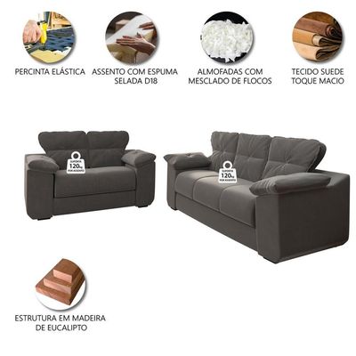 Conjunto de Sofá 2 e 3 Lugares Suede Cinza Londres Mamflex