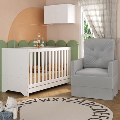 Berço 3 Em 1 Com Colchão Poltrona E Armário Aéreo 2 Portas Multimóveis Mp4165 Branco/cinza