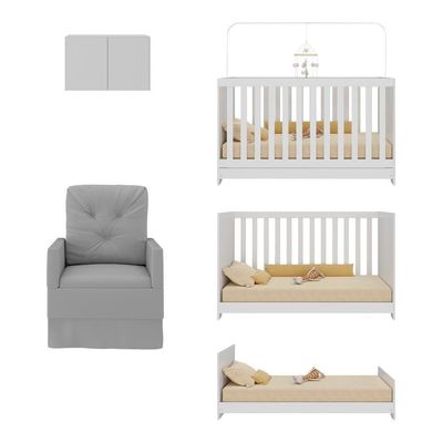 Berço 3 Em 1 Com Colchão Poltrona E Armário Aéreo 2 Portas Multimóveis Mp4165 Branco/cinza