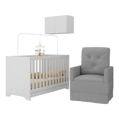 Berço 3 Em 1 Com Colchão Poltrona E Armário Aéreo 2 Portas Multimóveis Mp4165 Branco/cinza