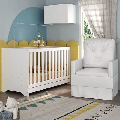 Berço 3 Em 1 Com Colchão Poltrona E Armário Aéreo 2 Portas Multimóveis Mp4165 Branco Branco
