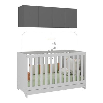 Berço 3 Em 1 Com Colchão E Armário Aéreo 4 Portas Multimóveis Mp4158 Branco/grafite Branco/grafite