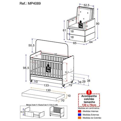 Berço Americano 3x1 Colchão Poltrona Mp4089 Branco/cinza