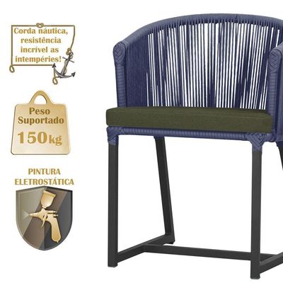 4 Cadeiras De Jantar Noronha Preta Corda Náutica E13 Trama Azul