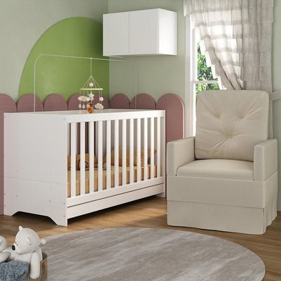Berço 3 Em 1 Com Colchão Poltrona E Armário Aéreo 2 Portas Multimóveis Mp4165 Branco/bege