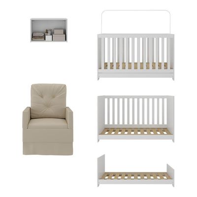 Berço 3 Em 1 Com Colchão Poltrona E Armário Aéreo 2 Portas Multimóveis Mp4165 Branco/bege