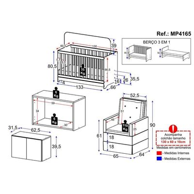 Berço 3 Em 1 Com Colchão Poltrona E Armário Aéreo 2 Portas Multimóveis Mp4165 Branco/bege