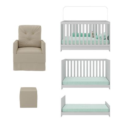 Berço 3 Em 1 Com Colchão Poltrona Puff E Armário Aéreo 2 Portas Multimóveis Mp4166 Branco/bege