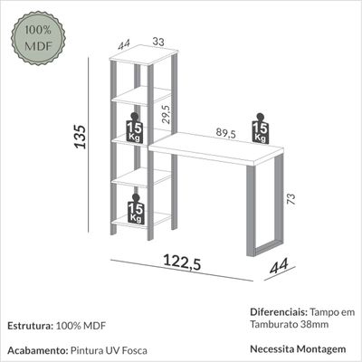 Escrivaninha em MDF 5 Prateleiras 123 x 44 cm Freijó/Preto Fosco Pradel Dalla Costa