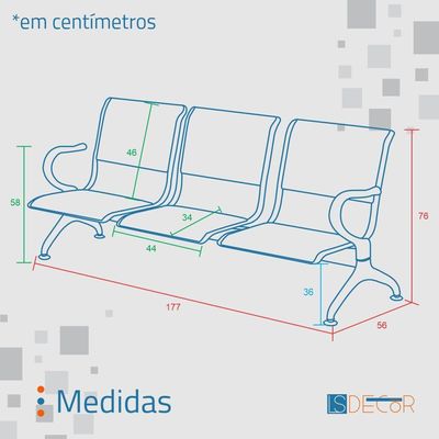 Cadeira Longarina Sem Estofado Preta 3 Lugares
