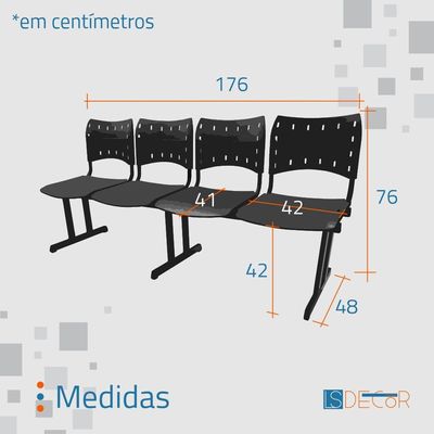 Cadeira Iso Pp Rp Longarina 4 Lugares Preta