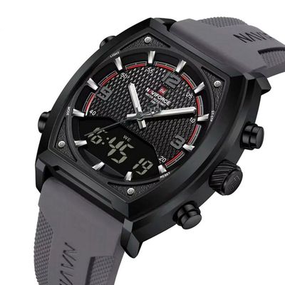 Relógio Digital Masculino Pulseira De Silicone Quartzo Tonneau Duplo Display Esportivo Cinza