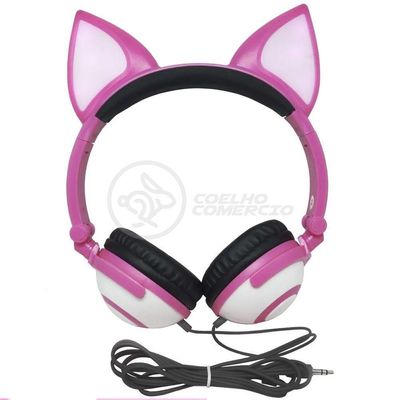 Fone De Ouvido Gatinho Fio C/ Led Infantil Rosa