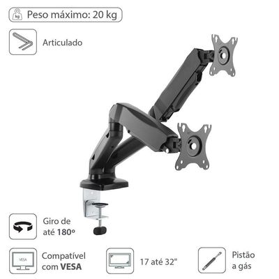 Suporte A Gás Para 2 Monitores 17'' A 32'' Vesa 100x100 Sm-341b