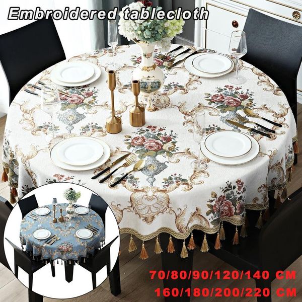 Toalha de Mesa Redonda Grande de Chenille Jacquard para Natal 120CM / bege