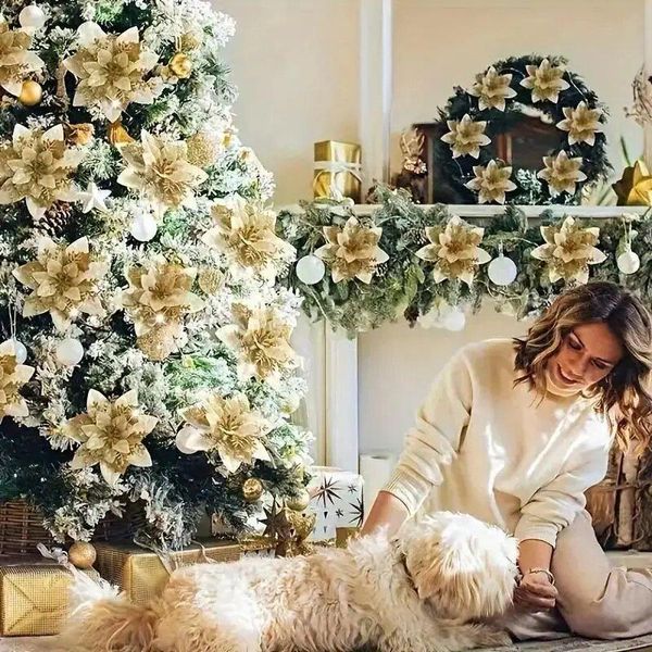 Decoração Artificial de Natal com Glitter 14cm para Presentes e Árvore de Natal Rosa