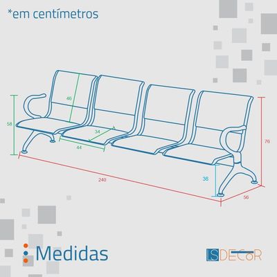 Cadeira Longarina Preta Com Estofado Preto 4 Lugares