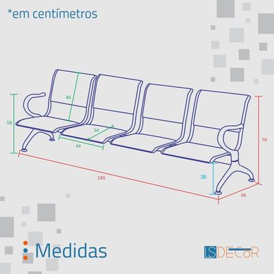 Cadeira Longarina Sem Estofado Cromada 4 Lugares