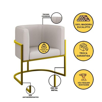 Cadeira Poltrona Lua Corino Base De Metal Dourada Reforçada Bege