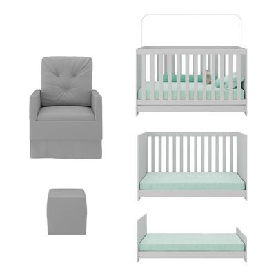 Berço 3 Em 1 Com Colchão Poltrona Puff E Armário Aéreo 2 Portas Multimóveis Mp4166 Branco/cinza