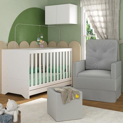 Berço 3 Em 1 Com Colchão Poltrona Puff E Armário Aéreo 2 Portas Multimóveis Mp4166 Branco/cinza