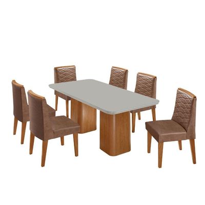 Mesa De Jantar Eloise Tampo MDF Vidro Com 6 Cadeiras Moderna Tork Off White Naturale