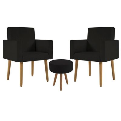 Kit 2 Poltronas Decorativa Consultorio Nina Com Puff Balaqui Cor:preto Preto
