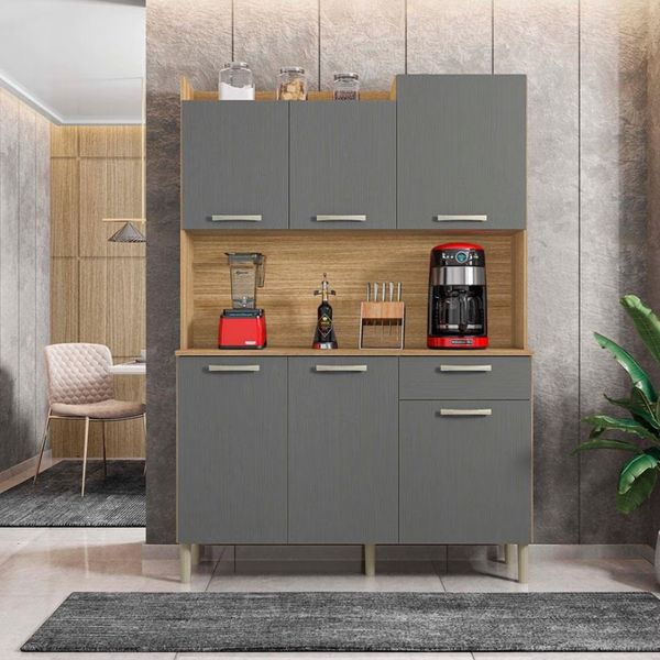 Cozinha Compacta Kit`s Paraná Florence com 6 Portas 1 Gaveta e 2 Prateleiras 121,5cm de largura Freijó/Gris
