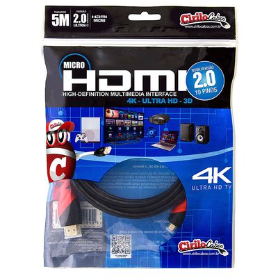 Cabo Micro HDMI para HDMI 2.0, Ultra HD, 4K, 3D - 5 Metros
