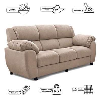 Sofá 3 Lugares Cama inBox Paris com 202cm de Largura e Revestido em Bouclé Bege Claro