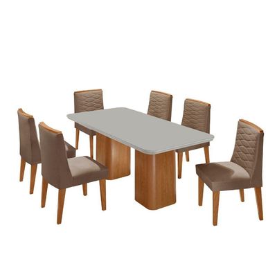 Mesa De Jantar Eloise Tampo MDF Vidro Com 6 Cadeiras Moderna Veludo Capuccino Off White Naturale