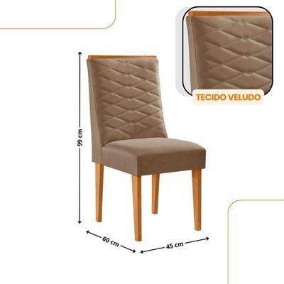 Mesa De Jantar Eloise Tampo MDF Vidro Com 6 Cadeiras Moderna Veludo Capuccino Off White Naturale