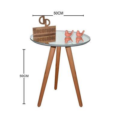 Mesa De Canto Pés Palito Amadeirado Com Espelho Vidro 50cm Off White 50cm